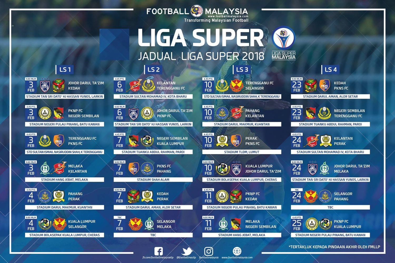 Jadual Lengkap Liga Super 2018