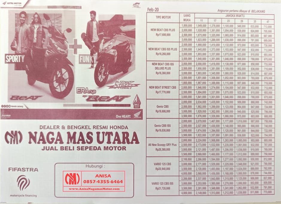 Brosur angsuran tabel kredit Sepeda Motor Honda Nagamas Motor Klaten update terbaru bulan ini. Brosur Kredit Vario, Beat, Scoopy, Spacy, PCX, Supra X, Blade, Revo, CBR, CB150R, Sonic, Verza 2020 Anisa Naga Mas Motor Klaten Dealer Asli Resmi Astra Honda Motor Klaten Boyolali Solo Jogja Wonogiri Sragen Karanganyar Magelang Jawa Tengah.