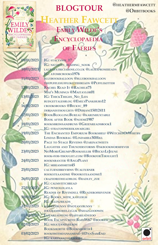 Blogtour poster for "Emily Wilde's Encycopedia of Faeries", showing the blogs and social media channels taking part in the tour.