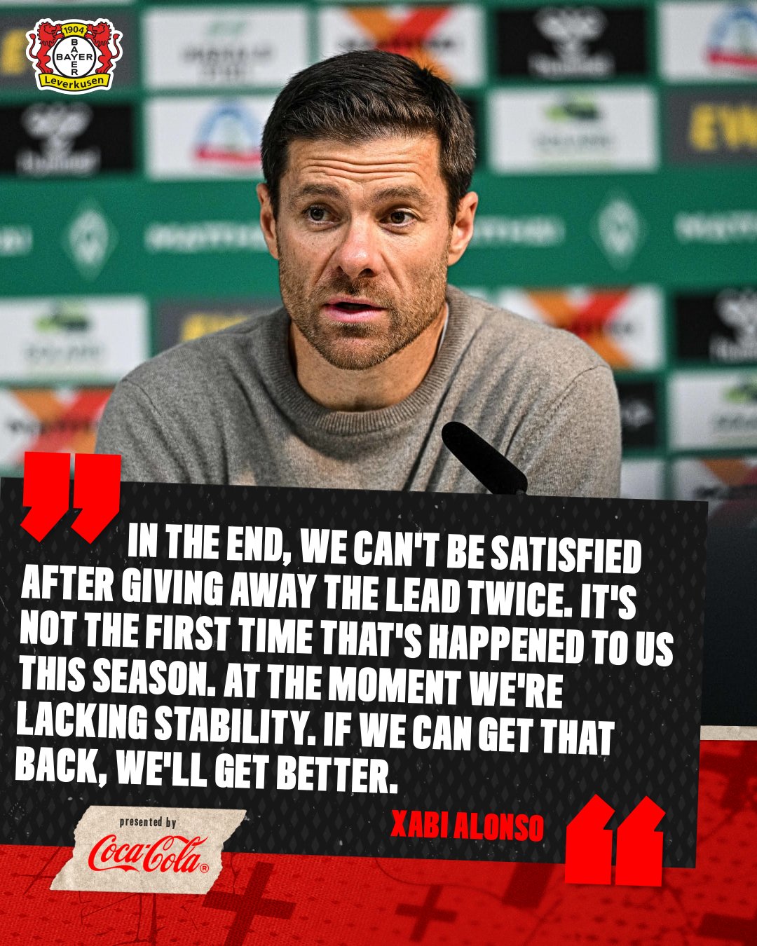 An obviously dejected Xabi Alonso, stares as his side, Bayer Leverkusen give away the lead twice in the Bundesliga 2024/25 match against Werder Bremen at Weserstadion on Saturday 26 October, 2024