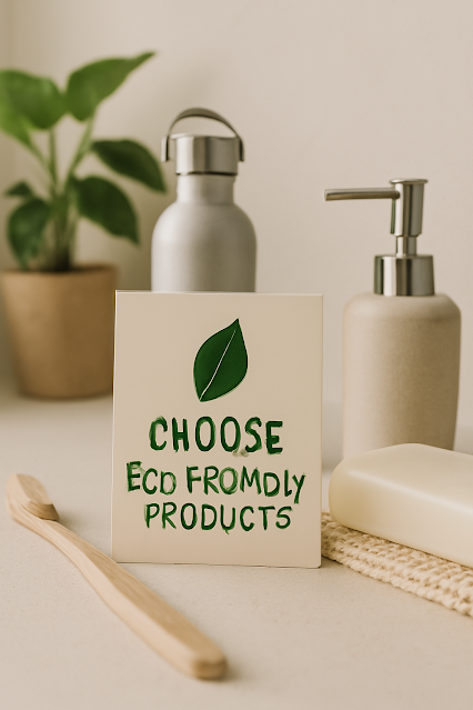 Eco-friendly personal care items, including a bamboo toothbrush, stainless steel water bottle, soap dispenser and a 'Choose Eco-Friendly Products' sign