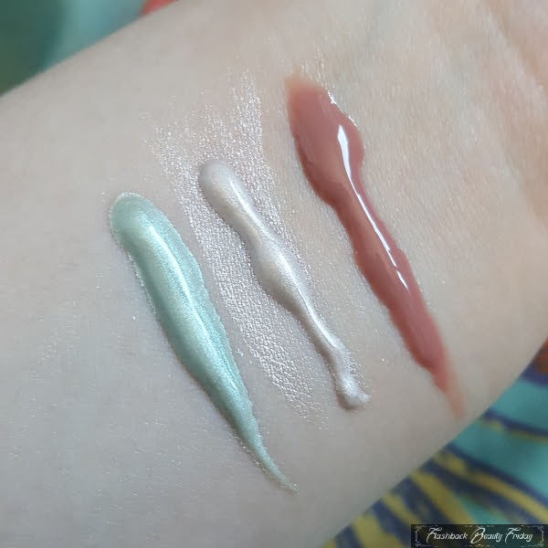 swatches Lancome Ombre Glacee 01 Vert Bohol and 02 Rose Bali, Juicy Glace 08 Beige Letea