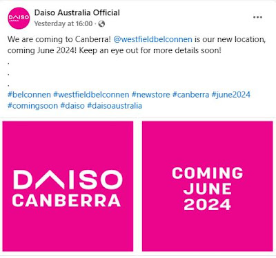 Screenshot of a Facebook post announcing the Daiso is opening in Canberra in June 2024.