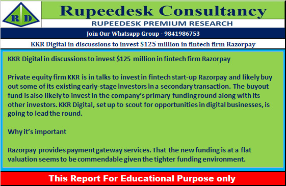 KKR Digital in discussions to invest $125 million in fintech firm Razorpay - Rupeedesk Reports - 18.10.2022