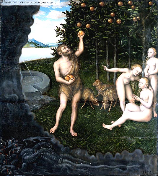 Hercules picking apples, with sheep and nude women behind him