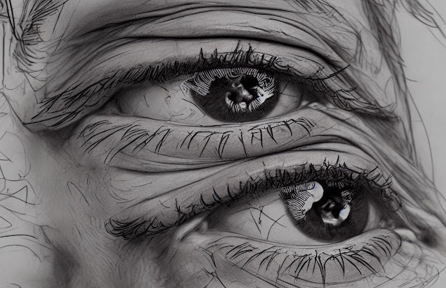 A pencil sketch of two eyes overlapping each other