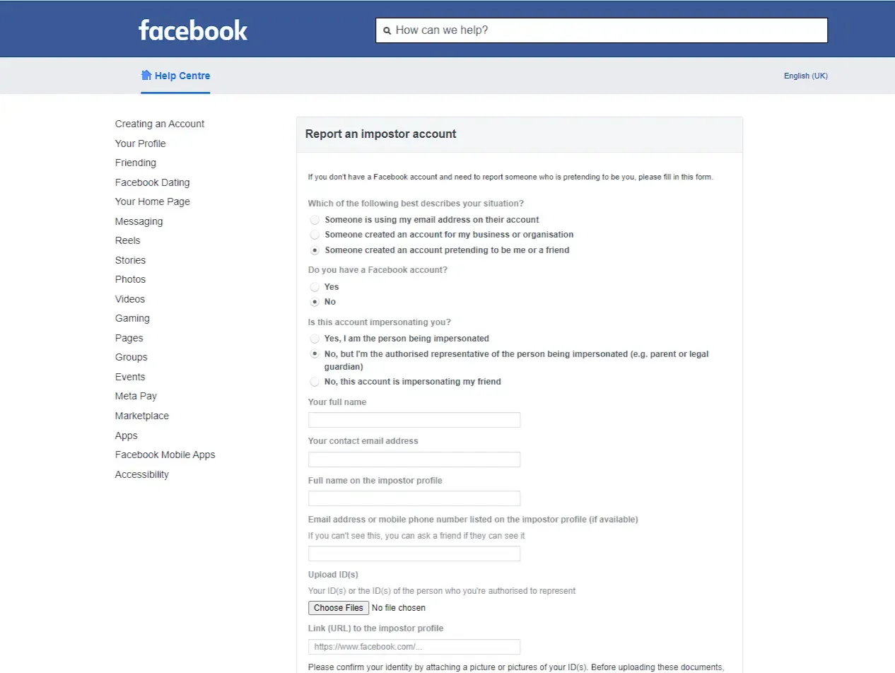 Facebook Fake Account Report Form.