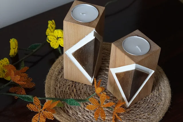 wooden candle pillar geometric minimal design Made in India