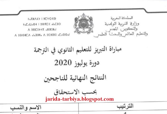 مباراة التبريز للتعليم الثانوي - دورة يوليوز 2020: النتائج النهائية للناجحين في الترجمة