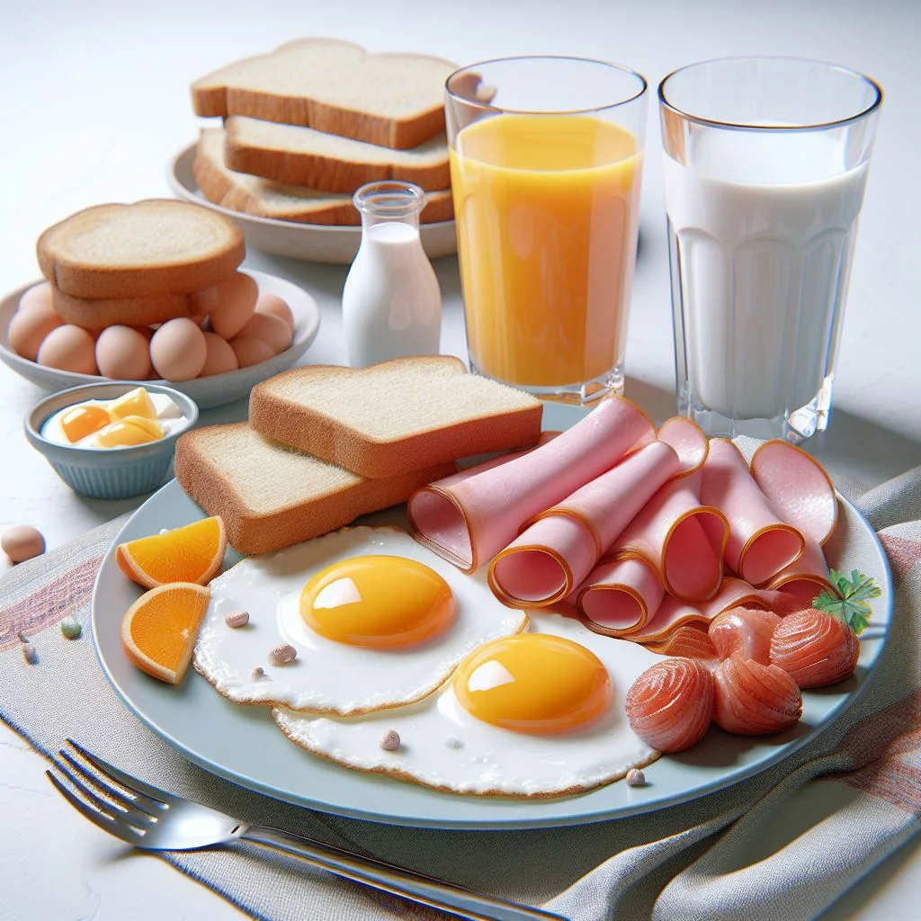 imagen creada con inteligencia artificial de un desayuno de huevos fritos estrellados jamon pan tostado jugo de naranja leche