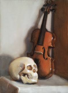 Oil painting of a plastic skull beside a violin standing upright.