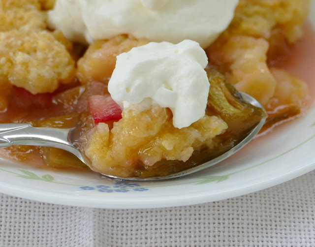 This lovely springtime rhubarb dessert couldn't be any easier! Simple ingredients, ready in less than an hour and so good with the sweet and tangy flavors! Top with whipped cream or ice cream for that extra bite of sweetness!