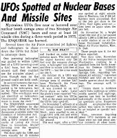 UFO Article, by By Bob Pratt for the National Enquirer, entitled, UFOs Spotted at Nuclear Nases and Missile Sites