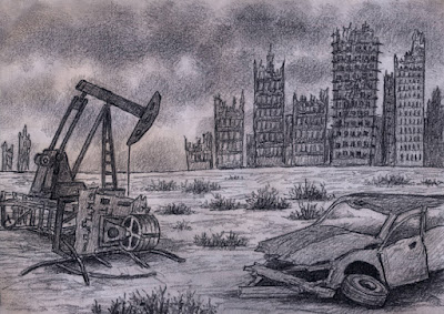 An apocalyptic scene shows a small oil drilling rig in disrepair on the left and a junked car on the right. They're sitting in the dirt on a flat landscape with sparse patches of grass interspersed. The car's front bumper and the visible tire have both fallen off. The roof, hood, and driver's side door are badly dented. In the background are approximately eight high-rise buildings that also look badly dilapidated. In most, the tops are missing as if destroyed by a bomb.