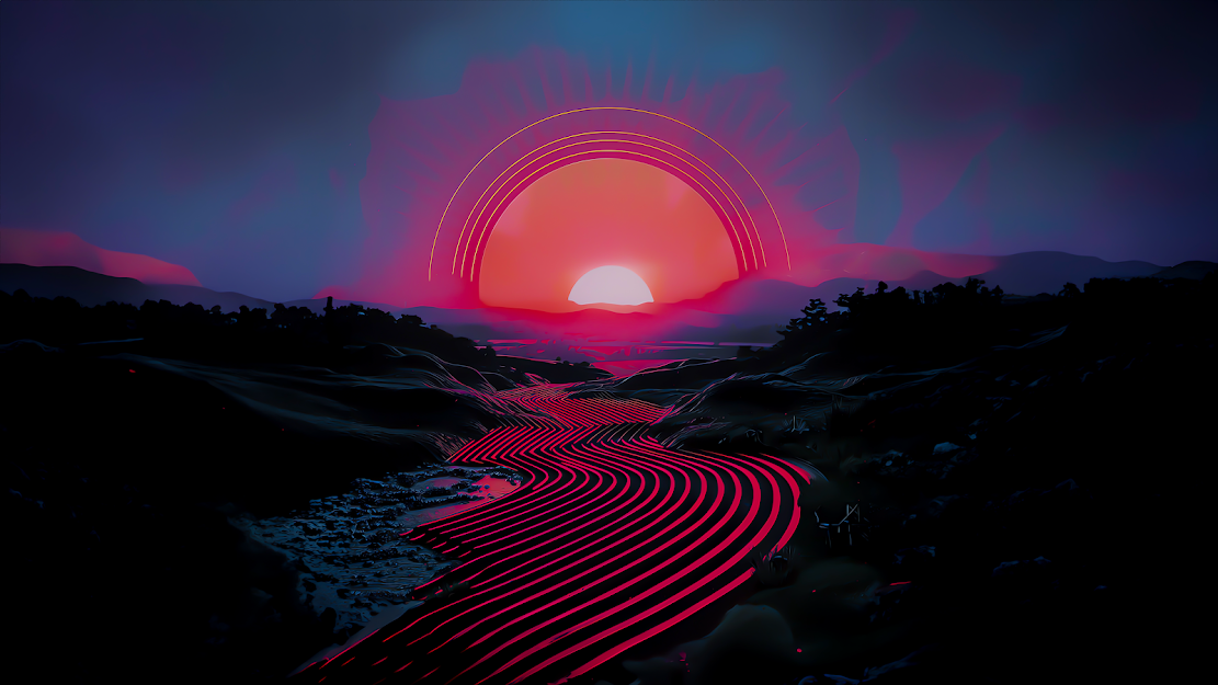 Stunning 4k background wallpaper image featuring a retro wave sunset with a radiant neon path leading towards the horizon, immersed in a synth aesthetic.