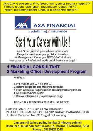 Lowongan Financial Comsultant & Marketing Officer Development Program PT. AXA Financial Indonesia