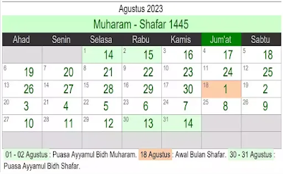 Kalender Hijriyah Bulan Agustus 2023 dan Jadwal Puasanya