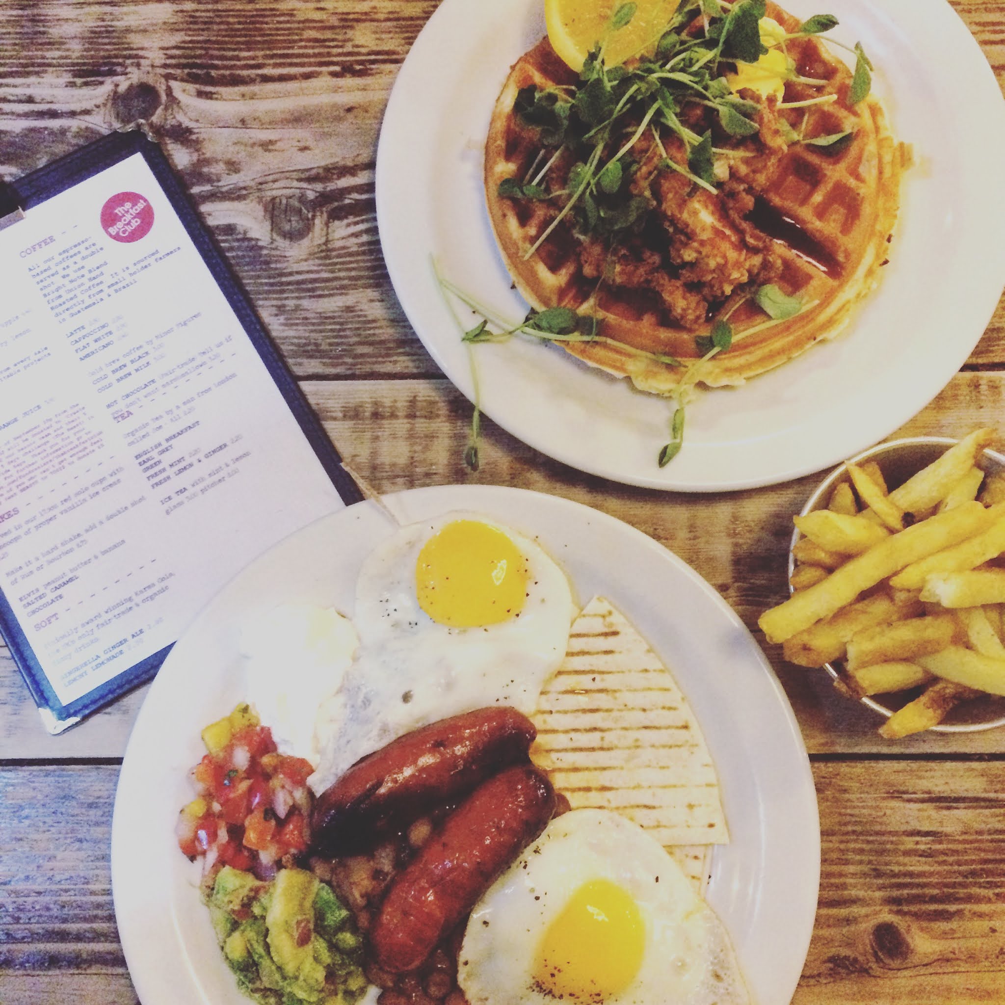 Fried chicken and waffles and Huevos Rancheros at the breakfast club, one of the best east london breakfast spots