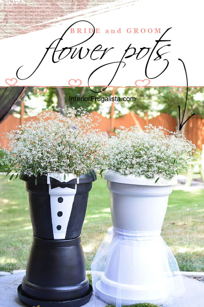 How to make adorable bride and groom flower pots to flank the aisle for an outdoor wedding and can easily be transported to the reception venue later. #weddingflowerarrangements #weddingflowerdecorations #brideandgroomflowerpots