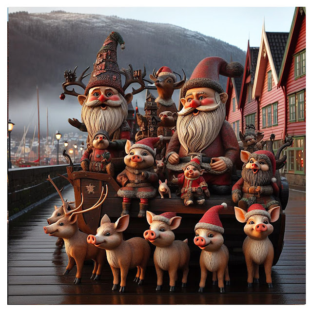Julenissebilde fra «Bryggen i Bergen» laget ved hjelp av kunstig intelligens.