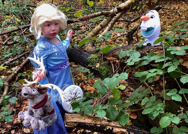 A confused looking 3 year old looking at a soft olaf toy behind a fallen down tree, she is wearing a Frozen 2 dress and wig, holding a soft sven by the antler  and wearing a cross body white fluffy bag