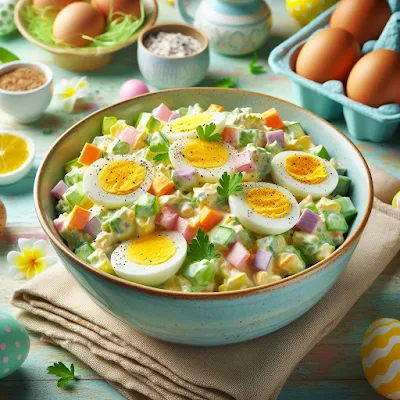 Auf dem Bild ist ein Tisch zu Ostern gedeckt. Bunte Eier und frische Eier und eine Schale mit Eiersalat. Der Eiersalat ist garniert mit vier halbe Eihälften. Der Eiersalat passt zum Osterfest, kann aber das ganze Jahr gegessen werden. Er sieht sehr appetitlich und schmackhaft aus.
