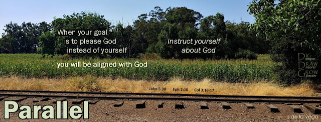 Train tracks next to a meadow of tall grasses and trees. Text reads: Parallel. When your goal is to please God instead of yourself, you will be aligned with God. Instruct yourself about God. John 5:30, Ephesians 2:10, and Colossians 3:16-17.