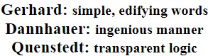 "Gerhard: simple, edifying words; Dannhauer: ingenious manner; Quenstedt: transparent logic"