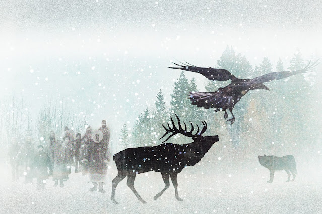 digital art, red deer, wolf, raven, animal, villagers,silhouettes in snow, cohanmagazine.blogspot.com