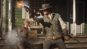Rockstar Games Red Dead Redemption 2 Gameplay Trailer Stills blasting their way out of town