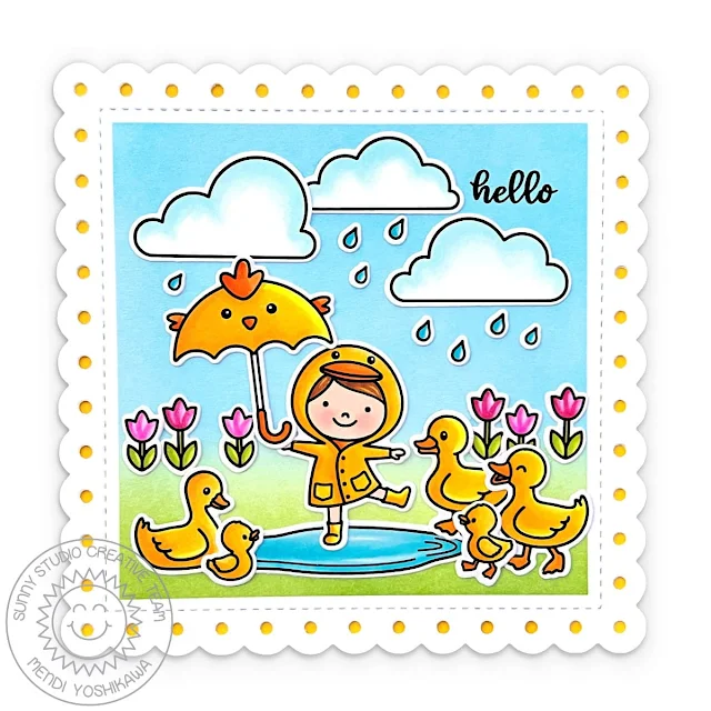 Sunny Studio Ducks & Girl with Umbrella Card using Puddle Jumpers, Spring Showers Clear Stamps & Scalloped Square Small Dies