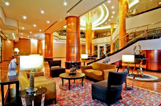 The hotel lobby is simple but elegant