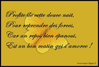  Profite de cette douce nuit, Pour reprendre des forces, Car un repos bien épanoui, Est un bon matin qui s’amorce !