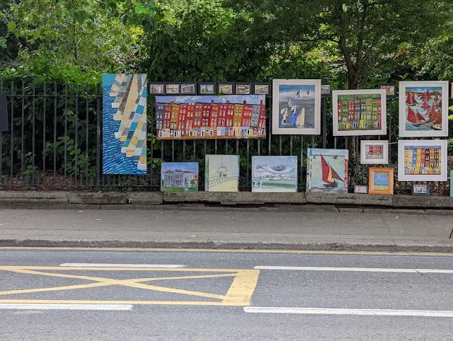 Art for sale on the fence around Merrion Square in Dublin in July