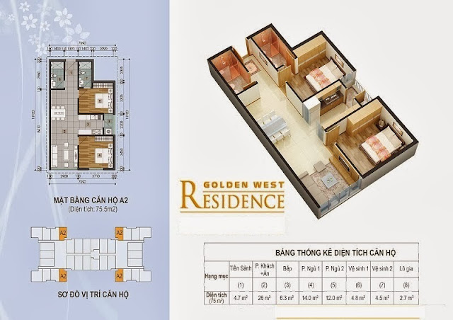 Căn hộ 75,5m2 Chung cư Golden West