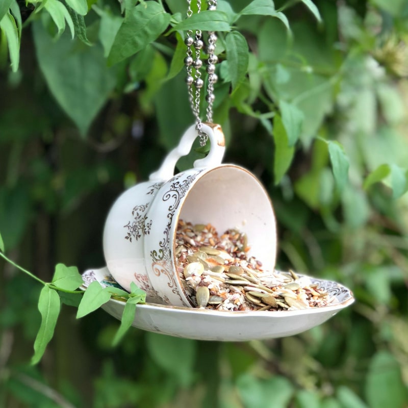 bird feeder made from tea cup and saucer