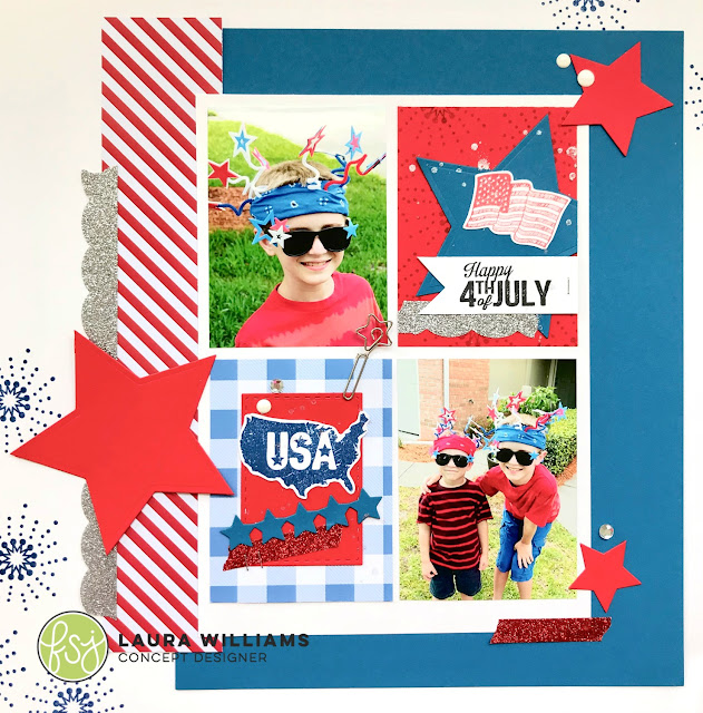 create a 12x12 patriotic scrapbook layout -  Fun Stampers Journey rubber stamps and dies are the perfect tools for create patriotic scrapbook layouts for 4th of July memory keeping. #funstampersjourney #lauralooloo #scrapbooking