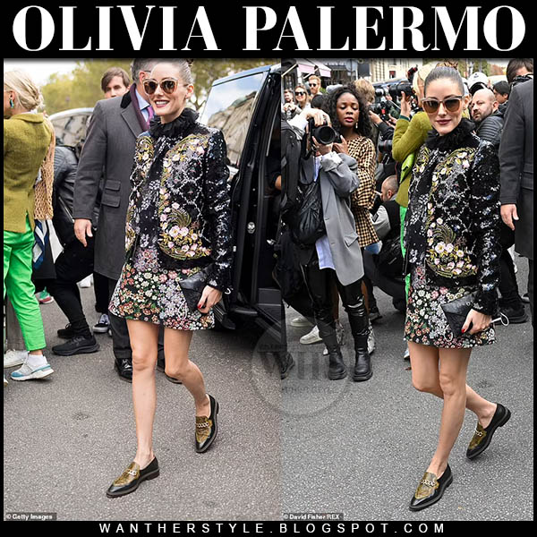 Olivia Palermo in black floral embroidered jacket and floral mini skirt Paris Fashion Week