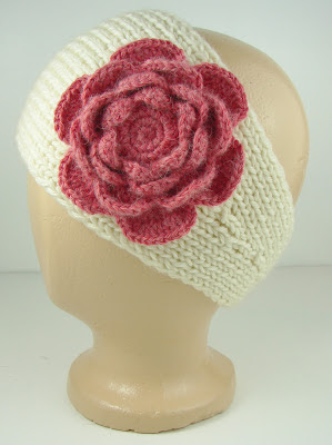 knit ear warmer white cream pink crochet flower