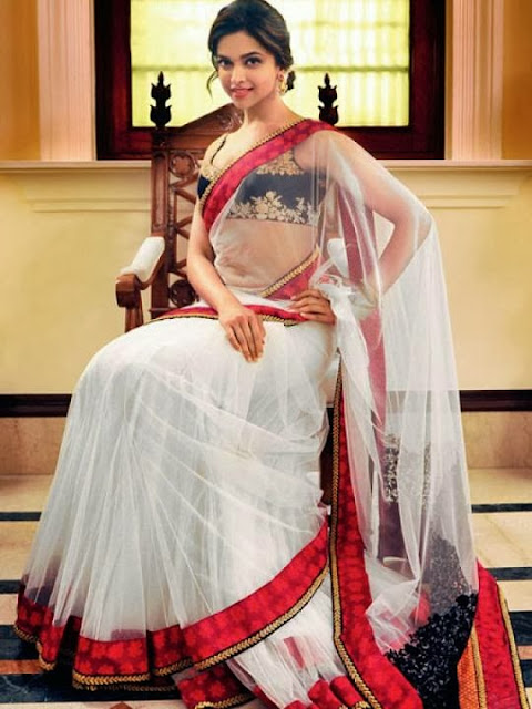 Deepika Padukone in White and Red Net Sari Pics