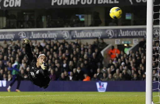 Everton goalkeeper Tim Howard watches the ball go into the net as Benoît Assou-Ekotto scores