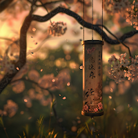 Image by Sheila Webber with Midjourney AI a japanese windchime, glass bell furin, with sakura pattern, hanging in a forest, restful, blossoms on the breeze --v 6.0