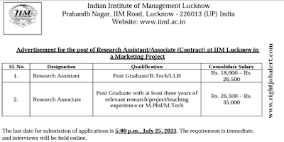 Research Assistant and Research Associate Engineering and Other Job opportunities in Indian Institute of Management Lucknow