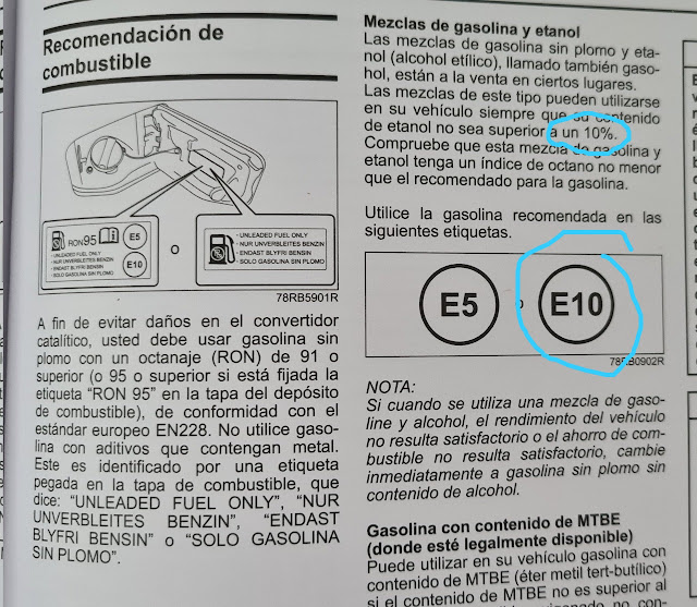 Los Manuales de los Autos recomiendan Máximo 10% de etanol y mínimo 91 octanos