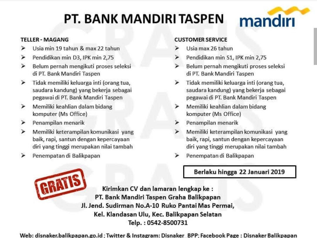 PT Bank Mandiri Taspen - D3, S1 Teller, Customer Service ...