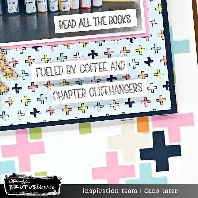 Book lover scrapbook layout with to-be-read book stack photo, foiled and painted chipboard, paper-pieced cardstock background and stamped sentiments.