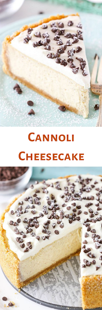 Cannoli Cheesecake! A perfect, creamy mix of ricotta and mascarpone cheese with a touch of cinnamon and mini chocolate chips!