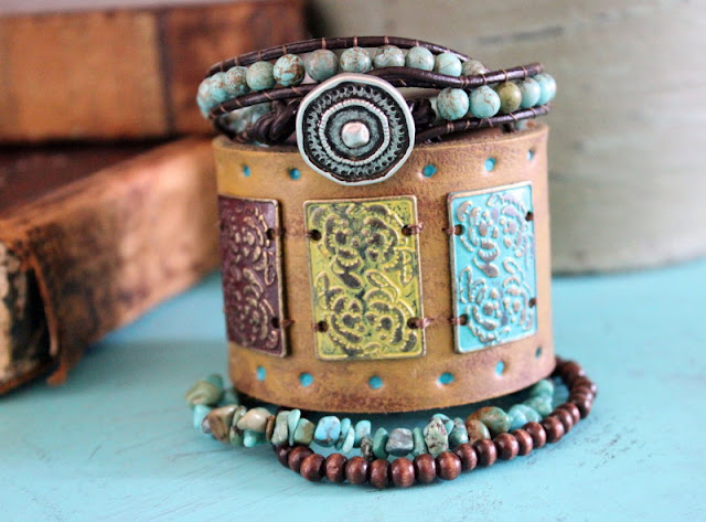 Leather cuff upcycled mustard turquoise stacked bracelets boho bohemian western beads stones