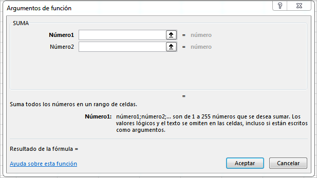 Argumentos de la Función SUMA en Excel