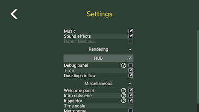 A screenshot of the settings screen in Momma Duck, showing new groupings of the various settings controls.